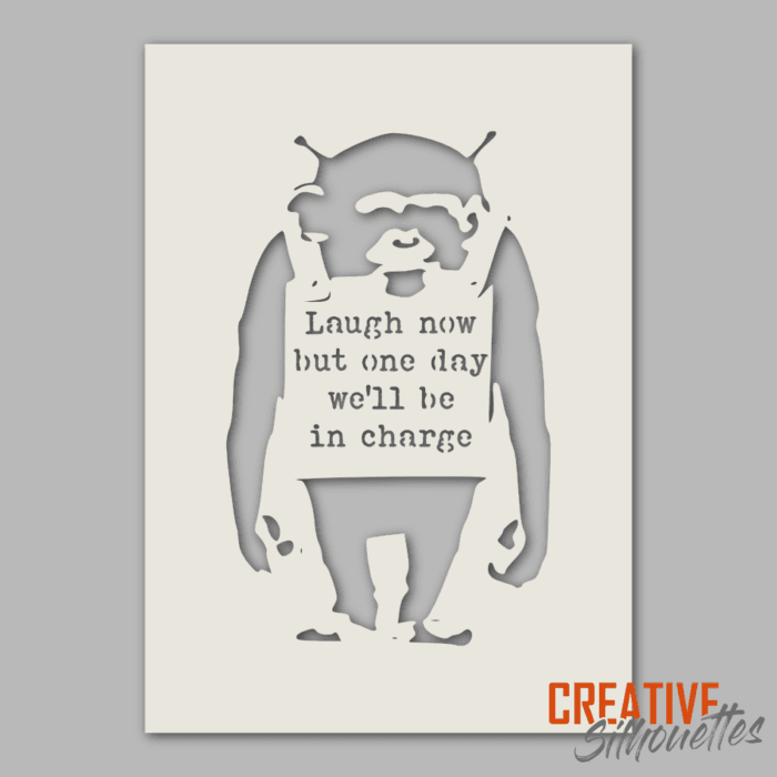 laugh now monkey banksy stencil